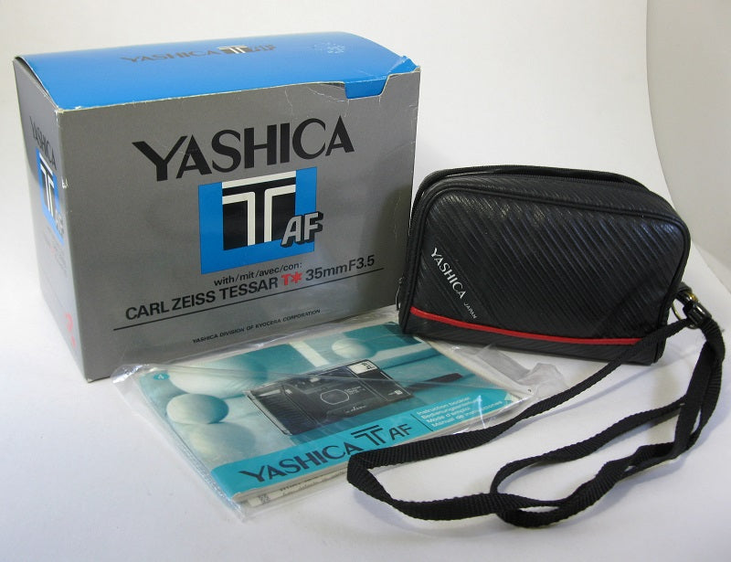 YASHICA T AF Carl Zeiss Tessar 3.5/35 T* 35mm Camera  —retail box, case, and strap
